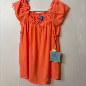 CeCe Vibrant Orange Ruffle Blouse